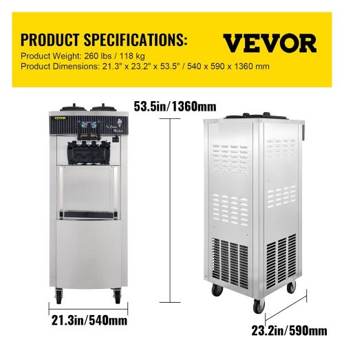  VEVOR 2200W Commercial Soft Ice Cream Machine 3 Flavors 5.3 to 7.4Gallons per Hour Auto Clean LED Panel Perfect for Restaurants Snack Bar supermarkets 2200W