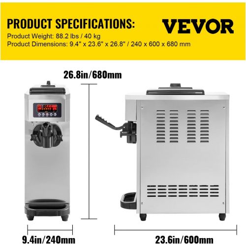  VEVOR Commercial Ice Cream Machine, 4.7-5.3Gal/H Soft Serve Machine, Single Flavor Ice Cream Maker, 1500W Countertop Soft Serve Ice Cream Machine with 1.6Gal Tank, LCD Panel, 6 Mag