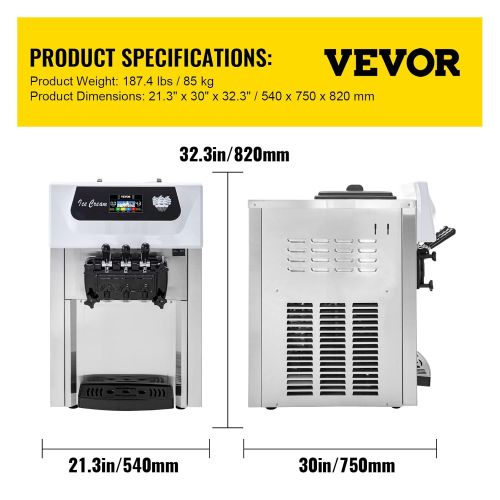  VEVOR Commercial Soft Ice Cream Machine, 3 Flavors Ice Cream Machine w/Pre-Cooling, 4.8-7.4 Gal/H Gelato Machine Commercial, 2200W Countertop Commercial Yogurt Maker Machine, w/LED