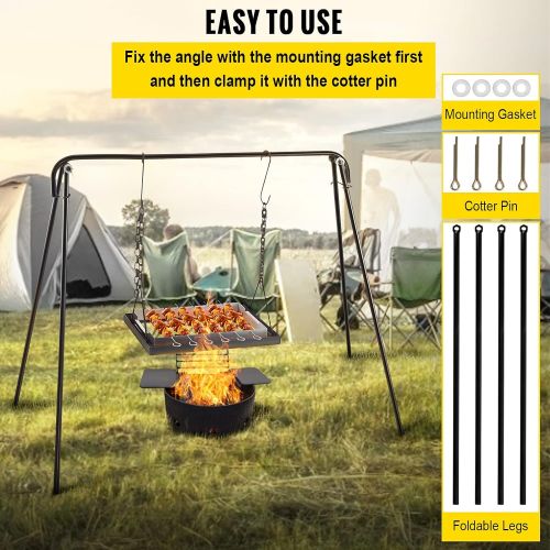  VEVOR Grill Swing, Campfire Cooking Stand 44 Lbs Capacity, Campfire Grill Stand with Adjustable Legs, BBQ Grill with Hooks & & Accessories for Cookware & Dutch Oven