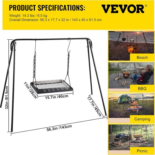  VEVOR Grill Swing, Campfire Cooking Stand 44 Lbs Capacity, Campfire Grill Stand with Adjustable Legs, BBQ Grill with Hooks & & Accessories for Cookware & Dutch Oven