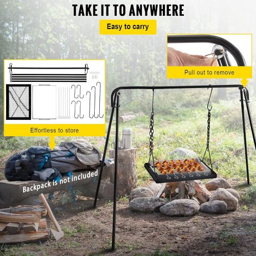  VEVOR Grill Swing, Campfire Cooking Stand 44 Lbs Capacity, Campfire Grill Stand with Adjustable Legs, BBQ Grill with Hooks & & Accessories for Cookware & Dutch Oven