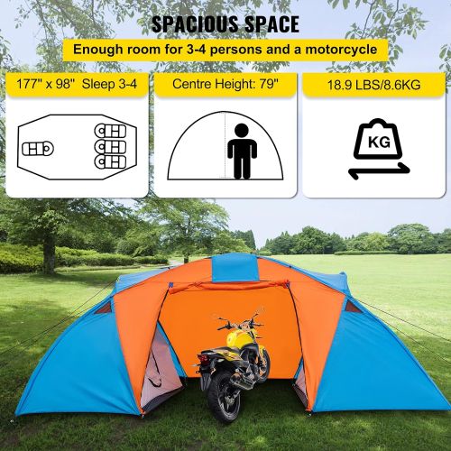  VEVOR Motorcycle Camping Tent, 3-4 Person Motorcycle Tent for Camping, Waterproof Backpacking Tent w/Integrated Motorcycle Port, Easy Setup Motorcycle Tent for Outdoor Hiking Hunti