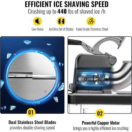  [아마존베스트]VEVOR 110V Commercial Electric Ice Shaver 440lbs/h Heavy Duty Snow Cone Maker with Dual Blades, Stainless Steel Slush Margarita Machine for School, Church, Restaurants, Bars, Black