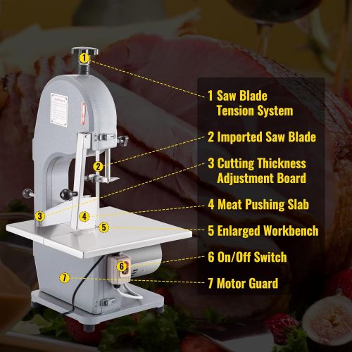  VEVOR 110V Bone Saw Machine, 850W Frozen Meat Cutter, 1.12HP Butcher Bandsaw, Thickness Range 4-180mm, Max Cutting Height 200mm,Work Table 14.5x15inch, Sawing Speed 15m/s, Equipped