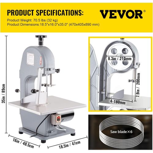  VEVOR 110V Bone Saw Machine, 850W Frozen Meat Cutter, 1.12HP Butcher Bandsaw, Thickness Range 4-180mm, Max Cutting Height 200mm,Work Table 14.5x15inch, Sawing Speed 15m/s, Equipped