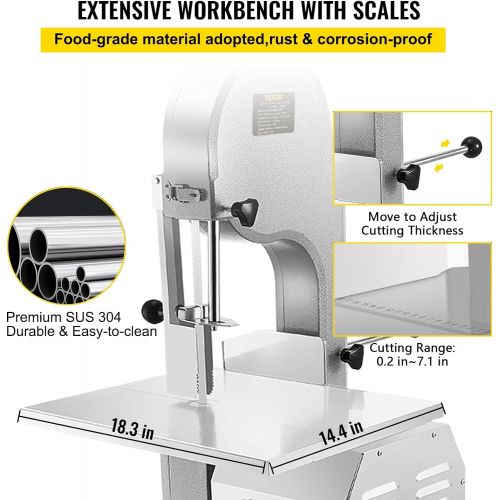  VEVOR 110V Bone Saw Machine 850W Frozen Meat Cutter 1.16HP Butcher Bandsaw Thickness Range 4-180mm Max Cutting Height 220mm Work Table 18.3x14.4inch Sawing Speed 19m/s with 6 Saw B