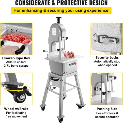  VEVOR 110V Bone Saw Machine 850W Frozen Meat Cutter 1.16HP Butcher Bandsaw Thickness Range 4-180mm Max Cutting Height 220mm Work Table 18.3x14.4inch Sawing Speed 19m/s with 6 Saw B