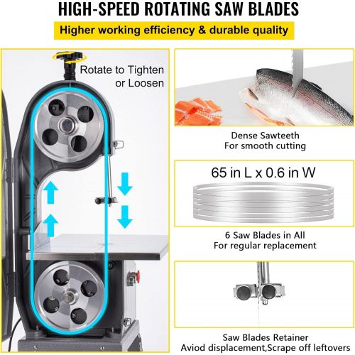  VEVOR 110V Bone Saw Machine 850W Frozen Meat Cutter 1.16HP Butcher Bandsaw Thickness Range 4-180mm Max Cutting Height 220mm Work Table 18.3x14.4inch Sawing Speed 19m/s with 6 Saw B