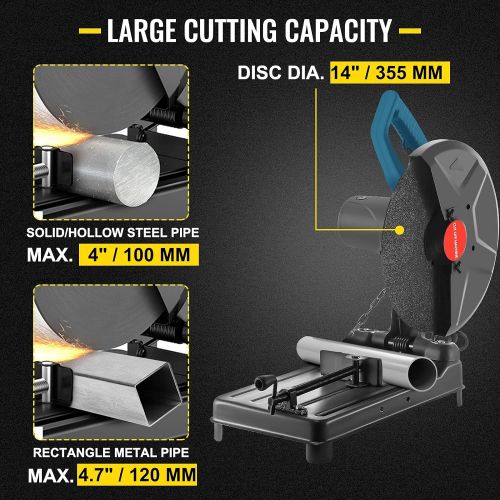  VEVOR Metal Chop Saw, 14/355 MM Blade Diameter Cut Off Saw, 2200W 3900RPM Steel Cutting Machine, 0-45° Adjustable Dry Cut Chop Saw, Max Rectangle Metal Pipe 4.7/120 MM Miter Saw Fo