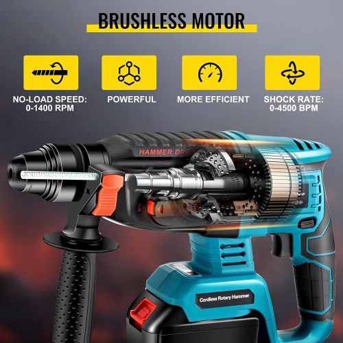  VEVOR SDS-Plus Rotary Hammer Drill, 1400 rpm & 450 bpm Variable Speed Electric Hammer, 4 IN 1 Cordless Drill, Measurable Hammer Ideal with 1 for Concrete, Steel, and Wood