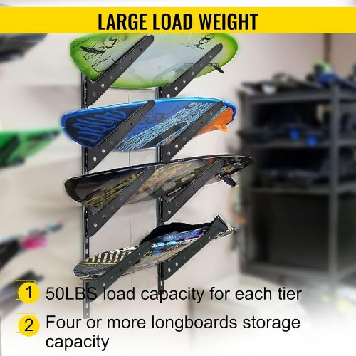  VEVOR Surfboard Rack, 4 Tiers Wakeboard Rack, 50lbs Capacity Surfboard Rack for Wall, Surfboard Wall Mount Holds 4 Boards, Adjustable Surfboard Wall Rack w/Steel Structure, Horizon