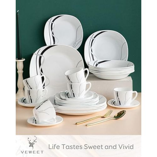  VEWEET Fionaglas 30-Piece Dinnerware Set Ivory White Opal Glassware, Break Resistant Dinner Sets with Dessert Plates/Soup Plates/Dinner Plates/Cups/Saucers Service for 6