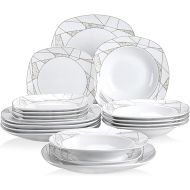 VEWEET, Series Serena, 24-Piece Ivory White Porcelain Ceramic Dinnerware Set irregular Patterns Square Tableware Set with Dinner Plate, Soup Plate, Dessert Plate, Bowl, Service for 6