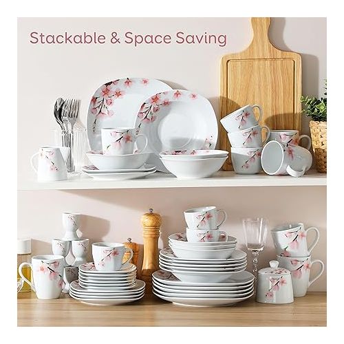  VEWEET, Series Annie, 50 PCS Floral Dinnerware Sets for 6, Including Porcelain Plates and Bowls Sets with Mugs, Egg Stands, Cup and Saucer Set, Milk Jug and Sugar Pot Set, Microwave Dishwasher Safe