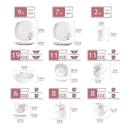  VEWEET, Series Annie, 50 PCS Floral Dinnerware Sets for 6, Including Porcelain Plates and Bowls Sets with Mugs, Egg Stands, Cup and Saucer Set, Milk Jug and Sugar Pot Set, Microwave Dishwasher Safe