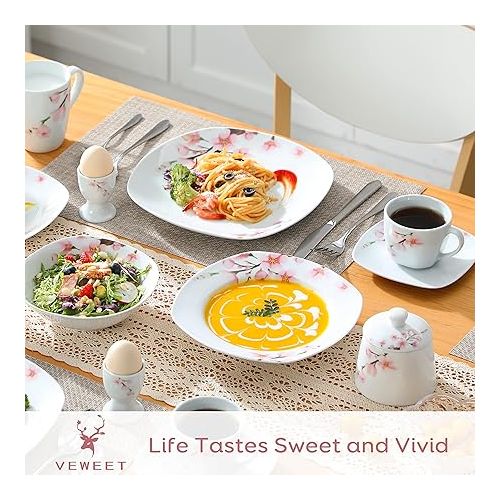  VEWEET, Series Annie, 50 PCS Floral Dinnerware Sets for 6, Including Porcelain Plates and Bowls Sets with Mugs, Egg Stands, Cup and Saucer Set, Milk Jug and Sugar Pot Set, Microwave Dishwasher Safe