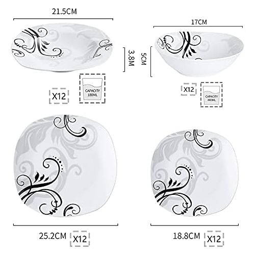  VEWEET Tafelservice Zoey aus Porzellan 48 teilig | Geschirrset beinhaLtet Mueslischalen, Dessertteller, Speiseteller und Suppenteller| Geschirrservice fuer 12 Personen …