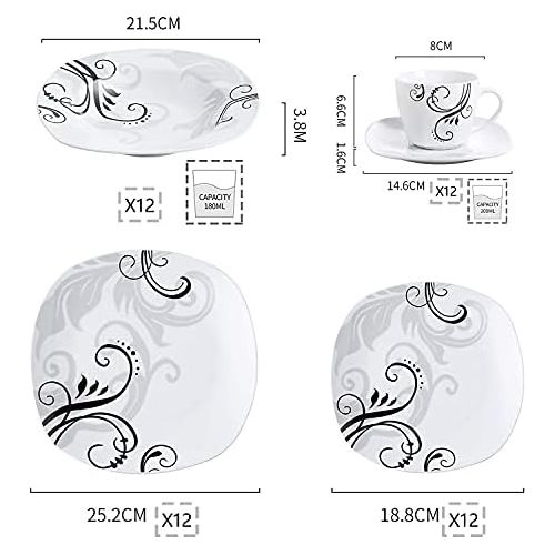  VEWEET Tafelservice Zoey aus Porzellan 60 teilig | Kombiservice beinhaLtet Kaffeetassen 175 ml, Untertasse, Dessertteller, Speiseteller und Suppenteller| Komplettservice fuer 12 Per