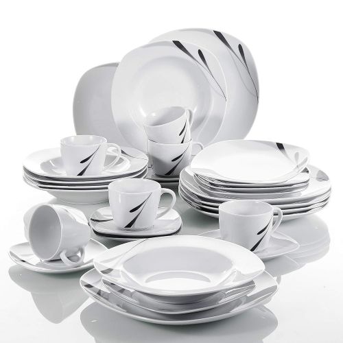  VEWEET 30-teilig Tafelservice aus Weiss Porzellan, Serie Karla, Kombiservice fuer 6 Personen, Geschirr Set