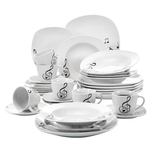  VEWEET, Tafelservice Melody aus Porzellan 18/36-teilig Geschirr Set, 20/40-teilig Fruehstuecksservice, 24/48-teilig Tafelservice, 30/60-teilig Kombiservice Tafelservice Set (30-teili