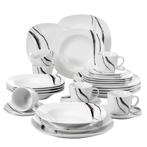  VEWEET, Tafelservice Teresa aus Porzellan 18/36-teilig Geschirr Set, 20/40-teilig Fruehstuecksservice, 24/48-teilig Tafelservice, 30/60-teilig Kombiservice Tafelservice Set (30-teili