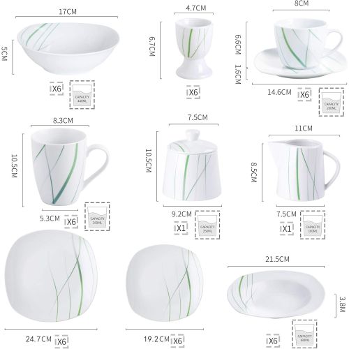  VEWEET Porzellan Tafelservice Aviva 100-teilig Set, Kombiservice Beinhaltet Dessertteller, Speiseteller, Suppenteller, Mueslischalen, Kaffeebecher, Kaffeetassen Set, Eierbecher, Mil