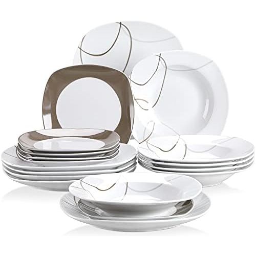  VEWEET 18-Piece Porcelain Tableware Set Brown Lines Patterns Kitchen Dinner Sets with Dinner Plate, Soup Plate, Dessert Plate, Service for 6 (NIKITA Series)