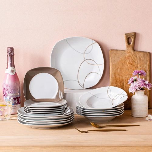  VEWEET 18-Piece Porcelain Tableware Set Brown Lines Patterns Kitchen Dinner Sets with Dinner Plate, Soup Plate, Dessert Plate, Service for 6 (NIKITA Series)