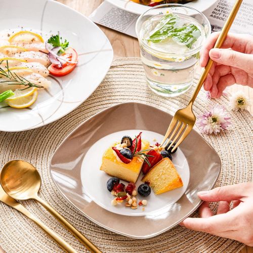  VEWEET 18-Piece Porcelain Tableware Set Brown Lines Patterns Kitchen Dinner Sets with Dinner Plate, Soup Plate, Dessert Plate, Service for 6 (NIKITA Series)