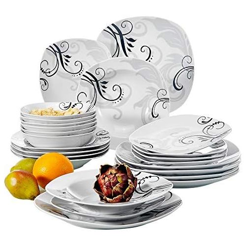  VEWEET Dinnerware Set Porcelain Plates and Bowls Kitchen Set Dinner Plate, Soup Plate (24 Set, ZOEY 24 piece Set)