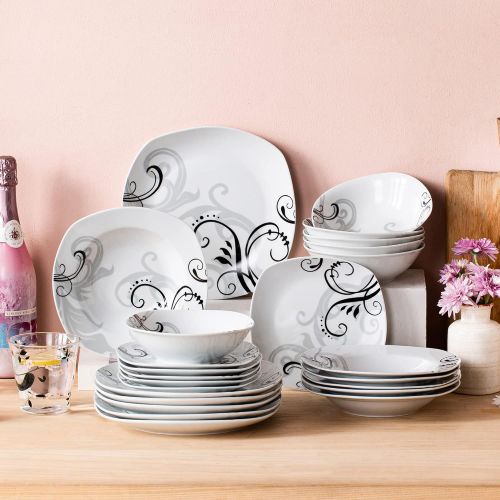  VEWEET Dinnerware Set Porcelain Plates and Bowls Kitchen Set Dinner Plate, Soup Plate (24 Set, ZOEY 24 piece Set)