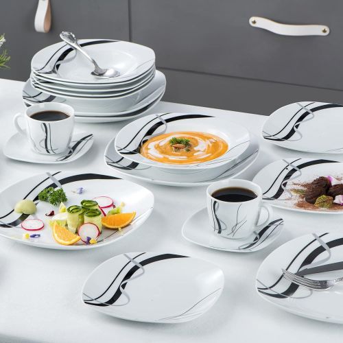 VEWEET 30-Piece Porcelain Dinnerware Set Black Stripe Pattern Stoneware Kitchen Plate Sets, Dinner Plate, Salad Plate, Soup Plate, Service for 6 (FIONA Series)