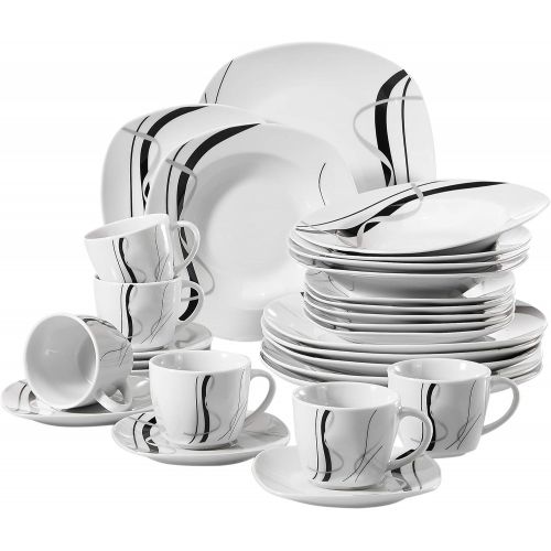  VEWEET 30-Piece Porcelain Dinnerware Set Black Stripe Pattern Stoneware Kitchen Plate Sets, Dinner Plate, Salad Plate, Soup Plate, Service for 6 (FIONA Series)