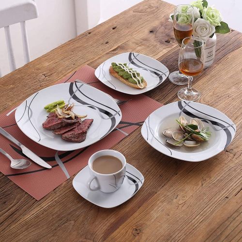  VEWEET 30-Piece Porcelain Dinnerware Set Black Stripe Pattern Stoneware Kitchen Plate Sets, Dinner Plate, Salad Plate, Soup Plate, Service for 6 (FIONA Series)