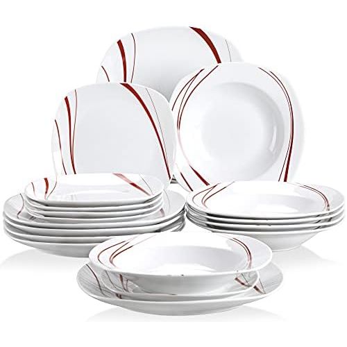  [아마존베스트]VEWEET 18-Piece Ceramic Stoneware Dinnerware Set Service for 6 Orange Stripe Patterns, Dinner Plate, Salad Plate, Soup Plate (BONNIE Series)