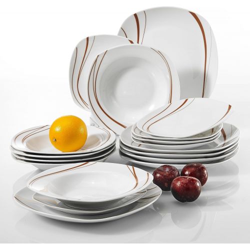  [아마존베스트]VEWEET 18-Piece Ceramic Stoneware Dinnerware Set Service for 6 Orange Stripe Patterns, Dinner Plate, Salad Plate, Soup Plate (BONNIE Series)