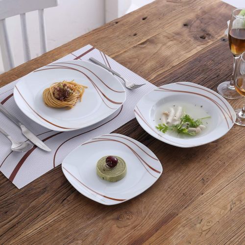  [아마존베스트]VEWEET 18-Piece Ceramic Stoneware Dinnerware Set Service for 6 Orange Stripe Patterns, Dinner Plate, Salad Plate, Soup Plate (BONNIE Series)