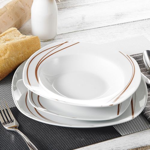  [아마존베스트]VEWEET 18-Piece Ceramic Stoneware Dinnerware Set Service for 6 Orange Stripe Patterns, Dinner Plate, Salad Plate, Soup Plate (BONNIE Series)