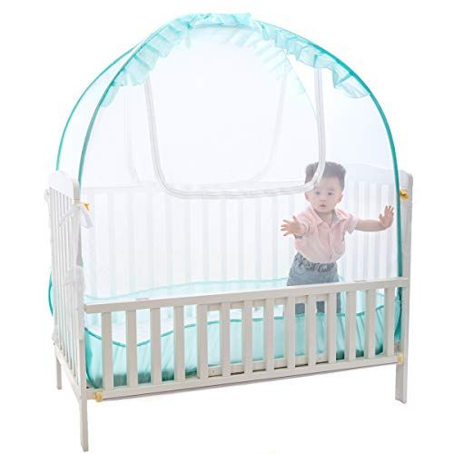  [아마존베스트]VFyee Baby Crib Pop up Tent, V-Fyee Baby Bed Mosquito Net Safety Tent Canopy Cover to Keep Toddler from Climbing Out and Keep Insects Out (Cyan, 56”L x 26”W x 48”H)