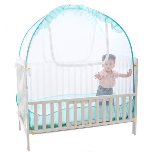  [아마존베스트]VFyee Baby Crib Pop up Tent, V-Fyee Baby Bed Mosquito Net Safety Tent Canopy Cover to Keep Toddler from Climbing Out and Keep Insects Out (Cyan, 56”L x 26”W x 48”H)