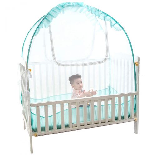  [아마존베스트]VFyee Baby Crib Pop up Tent, V-Fyee Baby Bed Mosquito Net Safety Tent Canopy Cover to Keep Toddler from Climbing Out and Keep Insects Out (Cyan, 56”L x 26”W x 48”H)