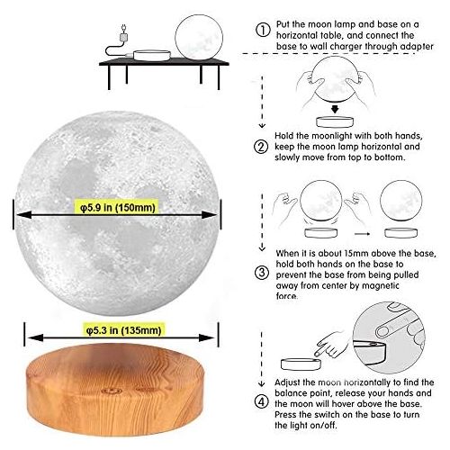  VGAzer Schwebende Mond Lampe,In der Luft frei schweben und spinnen mit hoelzerner Basis und Mondlicht des Druck-3D,fuer einzigartige Geschenke, Room Decor, Nachtlicht, Schreibtisch T