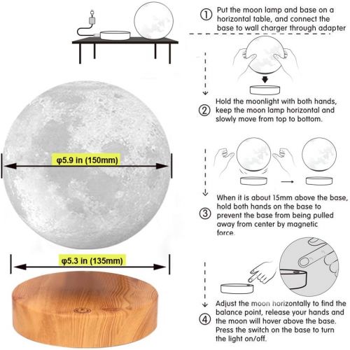  VGAzer Schwebende Mond Lampe,In der Luft frei schweben und spinnen mit hoelzerner Basis und Mondlicht des Druck-3D,fuer einzigartige Geschenke, Room Decor, Nachtlicht, Schreibtisch T