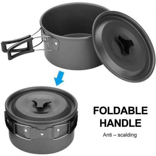  VGEBY Camping Cookware Set, Lightweight Picnic Cooking Set Include Big Small Pot, Frying Pan, Bowls, Soup Spoon, Rice Ladle, Loofah Sponge