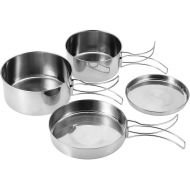 VGEBY 4Pcs Stainless Steel Cookware Set, Portable Camping Picnic Pan Pot Plate Tableware with Foldable Handle Outdoor Dining Tableware