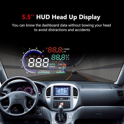  [아마존베스트]VGEBY 5.5 HUD Head Up Display Multi-Color Windshield Screen Projector Vehicle Speed, Overspeed Alarm, Display Km/h MPH, OBDII/EUOBD Interface Plug