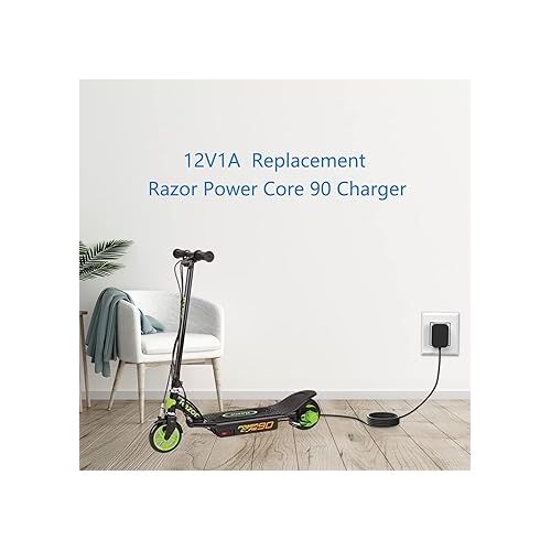  12V Replacement Charger for Razor Power Core 90 Electric Scooter Power Supply for Razor E90 E95 95,ePunk, XLR8R, Electric Scream Machine, Kids Ride On Toys Power Cord-UL Listed 6.5FT Battery