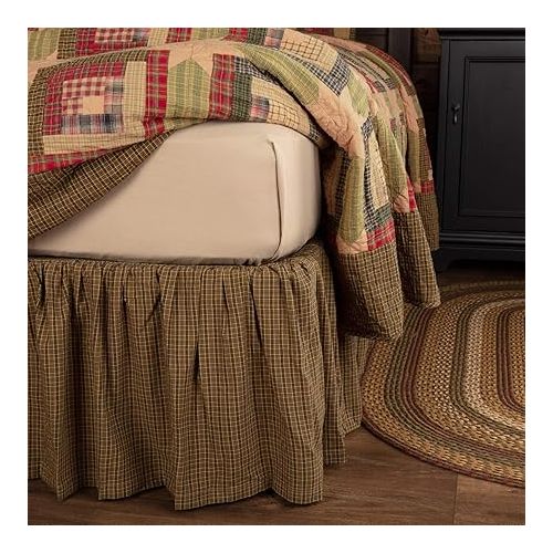  VHC Brands Tea Cabin Rustic King Bed Skirt Green Gathered Cotton Plaid Split Corners Bedroom Decor