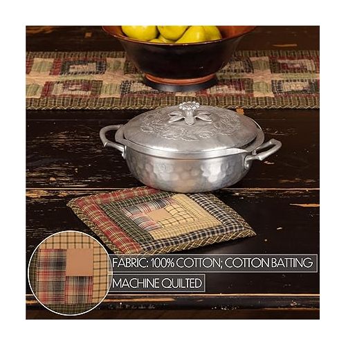  VHC Brands Tea Cabin Pot Holder Patchwork 8x8 Log Cabin Country Rustic Lodge Kitchen Tabletop Design, Moss Green and Deep Red